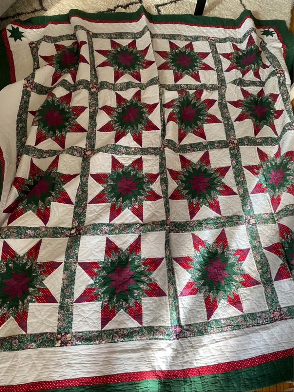 Handmade Star Patchwork Quilt - Green, Red, White cotton